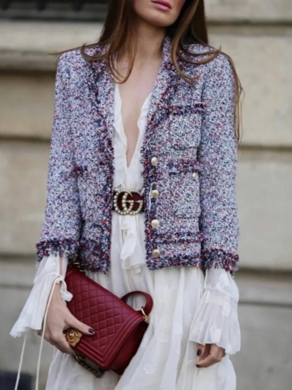 Zara Multicolor Tweed Boucle Blazer with Frayed Edges and Gold Buttons S